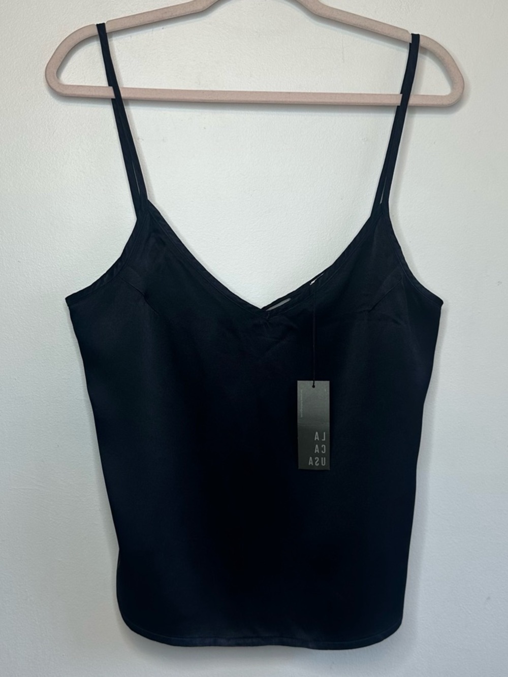 LACAUSA Womenās Black Slinky V Neck Camisole Tank Size L Large Tie Back Sexy